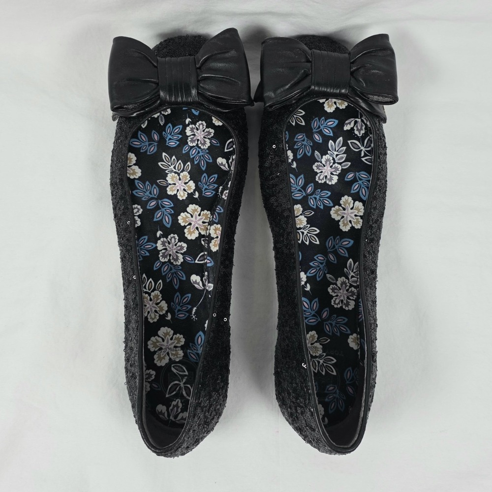 Tory Burch Black Sequin Divine Bow Ballerina Flats Leather Driver Womens Size 9 - Picture 6 of 10